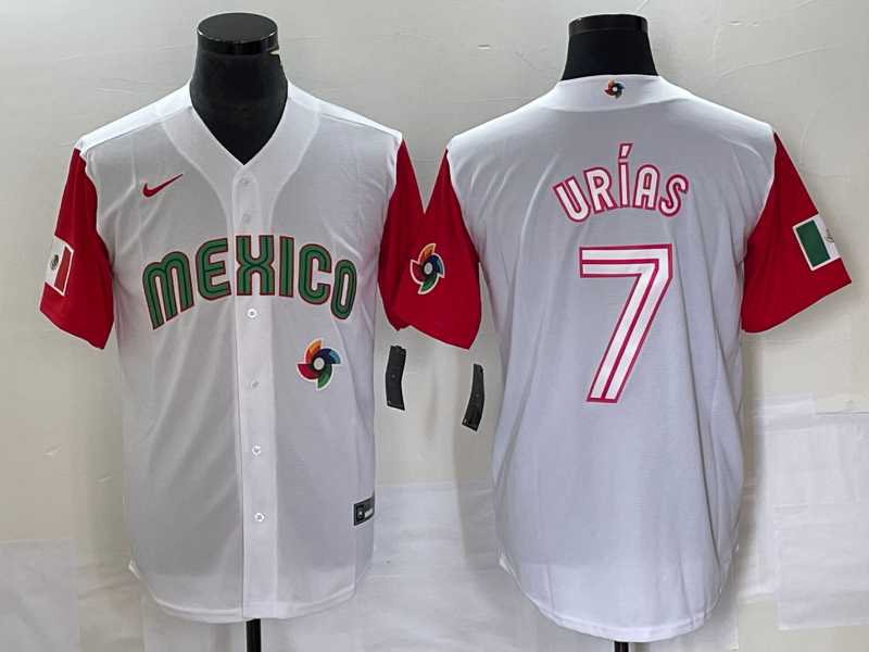 Mens Mexico Baseball #7 Julio Urias Number 2023 White Red World Classic Stitched Jersey 47